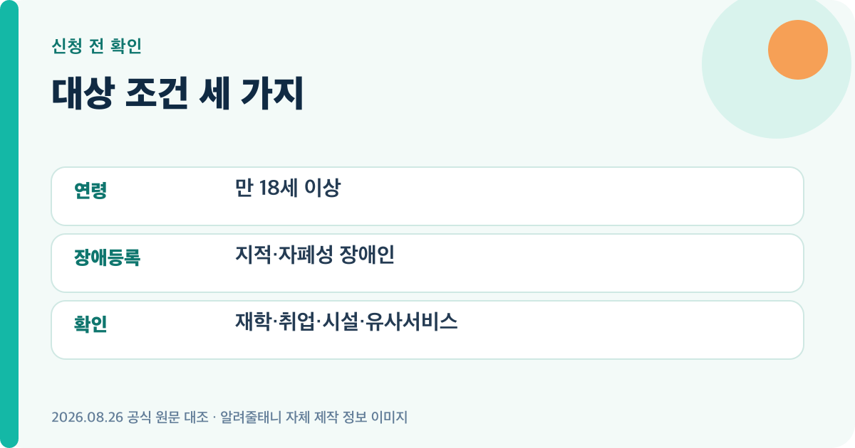 2026 성인 발달장애인 주간활동 신청 대상의 자격 조건을 정리한 이미지
