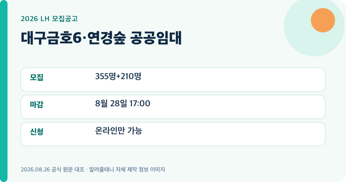 대구금호6·연경숲 공공임대의 핵심 모집정보를 정리한 자체 제작 이미지