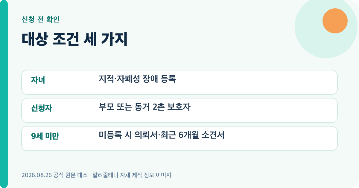 2026 발달장애인 부모상담지원 신청 대상의 연령·자격·가구 조건을 정리한 이미지