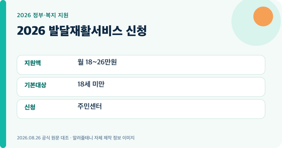 2026 발달재활서비스 신청의 핵심 지원 기준을 요약한 대표 이미지