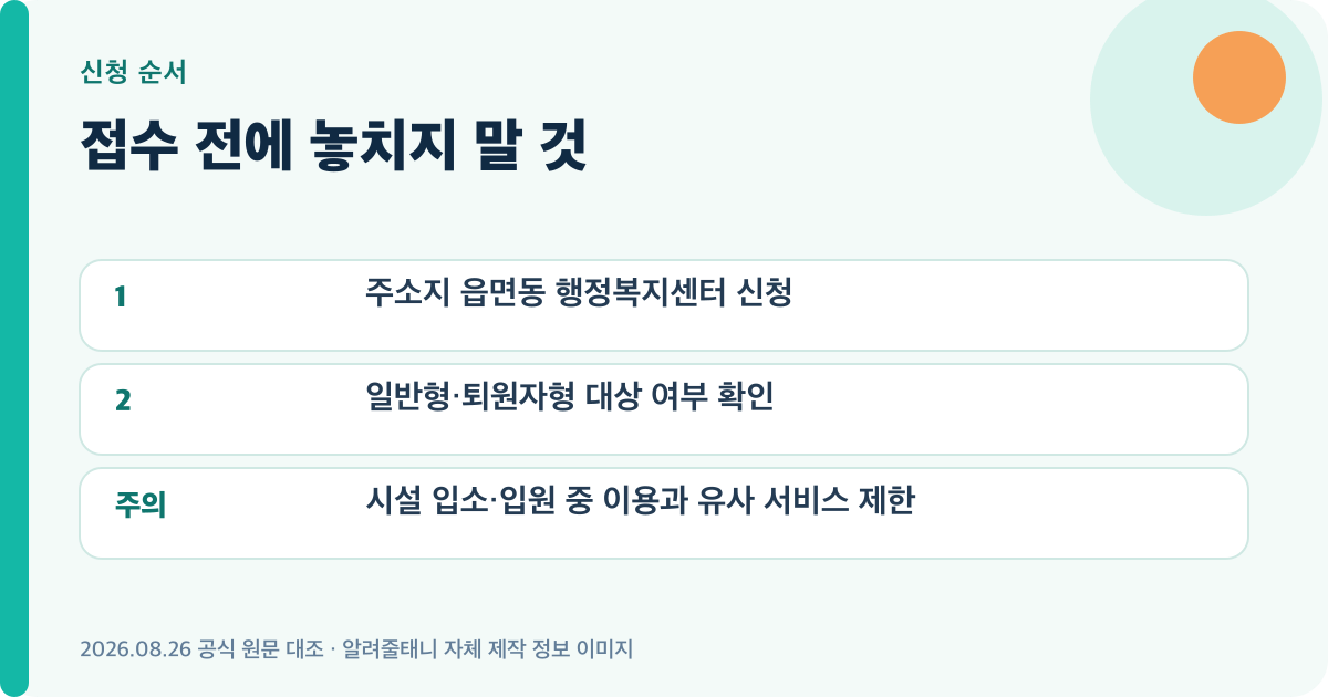 2026 가사·간병 방문지원 신청 순서와 주의사항을 정리한 이미지