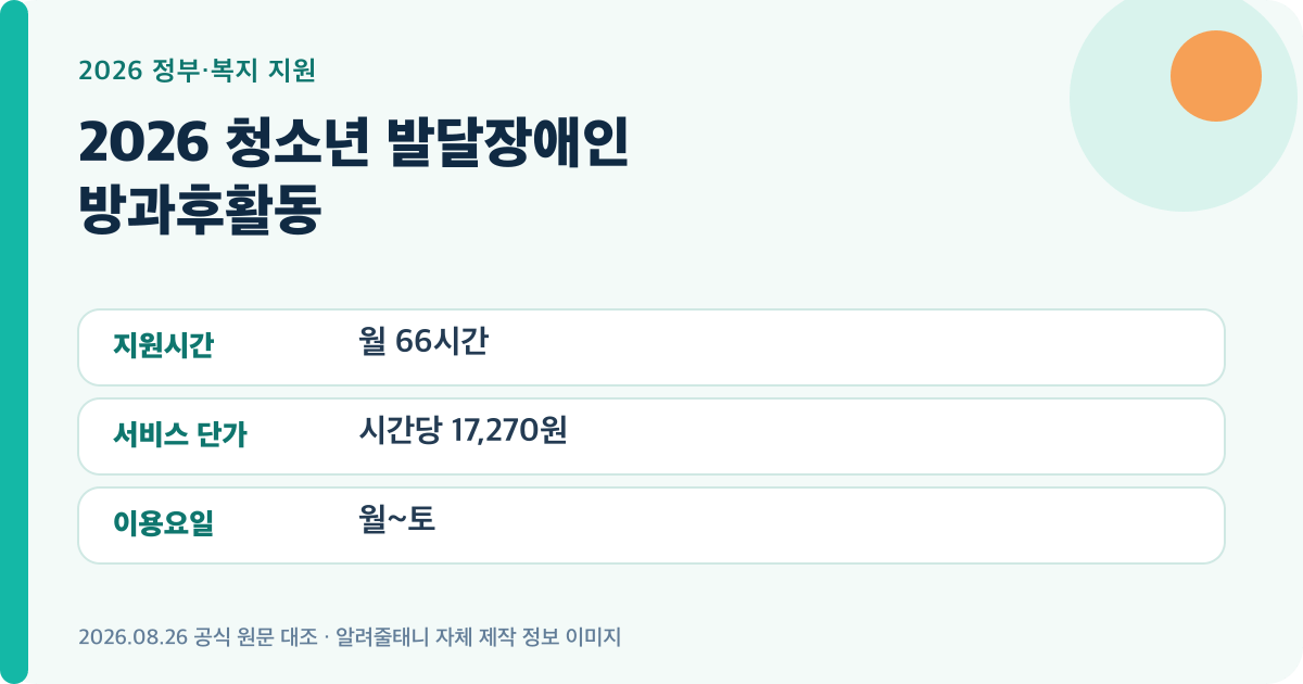 2026 청소년 발달장애인 방과후활동의 핵심 지원 기준을 요약한 대표 이미지